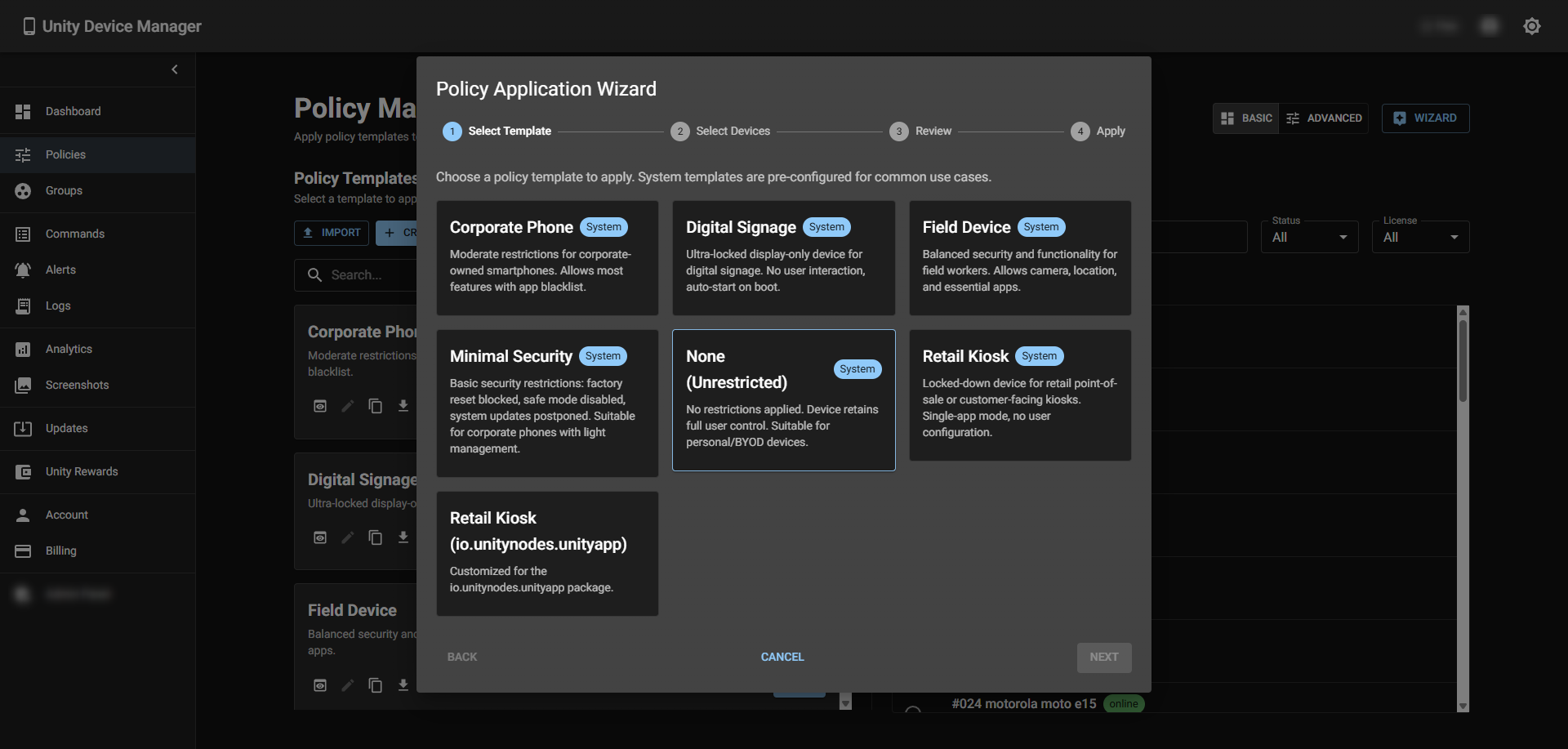 Policy Wizard — apply templates to devices in a guided workflow